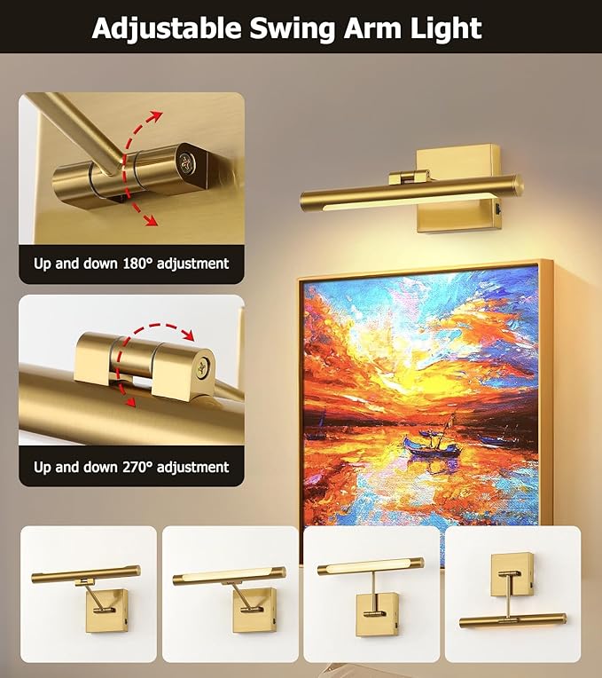 Joosenhouse Battery Operated Picture Light Set of 2, 12.6 Inch Brass Rechargeable Wall Art Light with Remote Timer and Dimmer Display Light for Bedroom, Living Room, Artwork Display