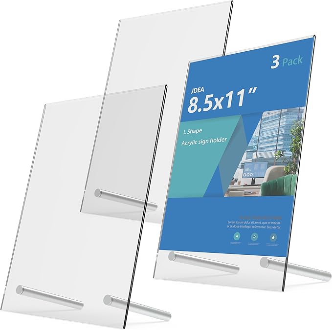 L-Shaped Acrylic Sign Holder – Shatterproof Clear Display Stand for Menu, Flyer, or certificate Display – Impact-Resistant Acrylic Table Sign Frame (8.5x11 inch 3pack)