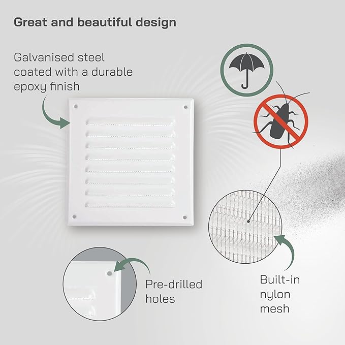 Vent Systems 5 x 5 Inch (Inner) White Vent Cover - Square Metal HVAC Return Air Grille with Mesh Screen - Register Wall Vent Duct Grill - Outdoor, Indoor, Crawlspace Exhaust Ventilation