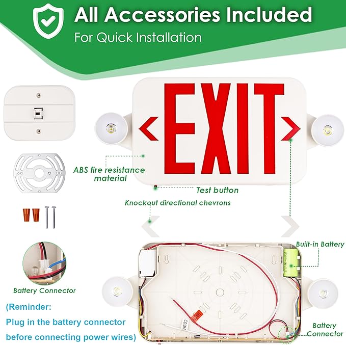 Gruenlich LED Exit Sign Combo with Emergency Lights, Adjustable Heads and Double Sided, Battery Backup, UL 924 Qualified, AC 120-277V, Commercial Emergency Exit Light for Business- 2 Pack