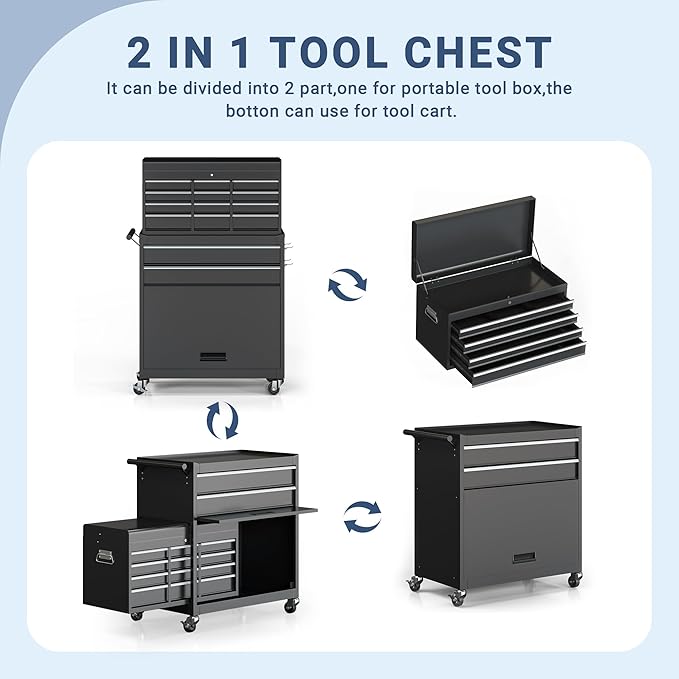 Tool Chest, 8-Drawer Large Rolling Tool Storage Cabinet with Enhanced Packaging, Detachable Top Tool Box with Tray Divider, Liners, Metal Tool Cart for Garage Workshop, Black