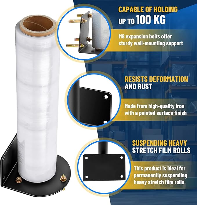 Wall Mountable Stretch Film Roll Stand, Fits up to 20" Stretch Film, Shrink Wrap Dispenser Holder Bracket with 7 Screws for Industry Manufacturing Logistics Retail, Shrink Wrap Not Included