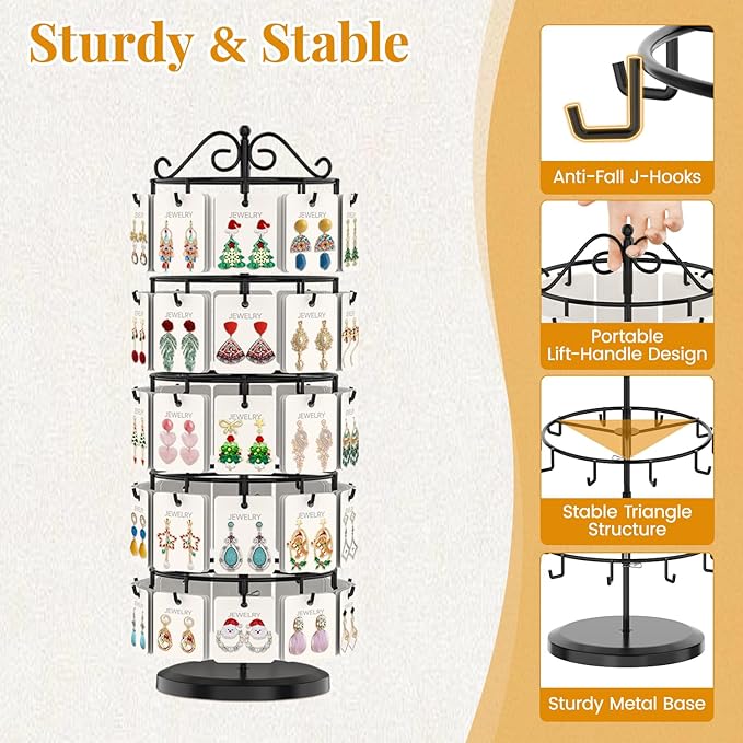 EsLuker.ly Earring Holder Organizer Rotating Display Tree Stand, Adjustable Height Earring Card Hanger Rack with 50 Hooks for Vendors Market Selling, 5 Tier Metal Jewelry Storage Tower, Black