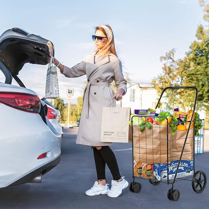 HOMGX Flat Folding Shopping Cart, 130 LBS Heavy Duty Utility Cart W/ 360° Swivel Front Wheels, 24" x 23" x 40" Foldable Grocery Cart for Laundry, Shopping, Groceries