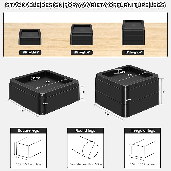 Oversized Heavy Duty Bed Risers & Furniture Risers - Stackable Supports 12000 Lbs,Furniture Lifter/Square Bed Raising Blocks for Sofas, Couches, Desks (Black 8 Pack, Fits Huge 5.5 × 2 inch)