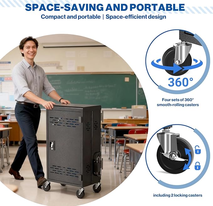 POCHAR 30 Unit Device Laptop Charging Cart for Chromebooks, Tablets, and Laptops for K-12 Education Classrooms, and Libraries, —Open-Back Design, Grounding Protection, Easy Assembly