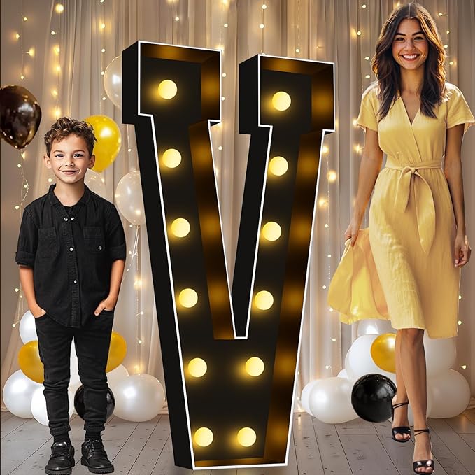 Pooqla 4 FT Marquee Light Up Letters, Black Marquee Letter Lights 4 Feet Tall for Birthday Decoration, Big Mosaic Letters Sign for Balloons Party Anniversary Wedding Decorations, Giant Warm White V