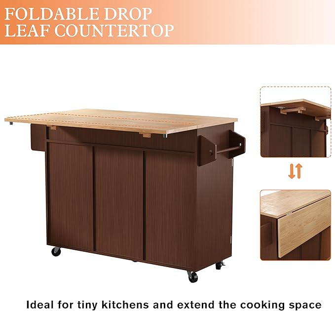 HLR Kitchen Island On Wheels, Brown Rolling Kitchen Island Cart with Solid Wood Drop Leaf Breakfast Bar, Barn Door Kitchen Islands with Storage Cabinet and Tower Rack, Island Table for Kitchen