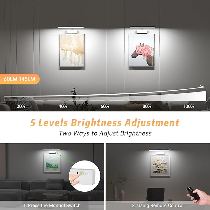 Lightbiz Picture Light, 15.35inch 5400mAh Rechargeable Picture Lights for Wall Battery Operated Wall Lights with Remote, 3 Colors Paintings Light Dimmable Art Light for Artwork, Gallery (White)