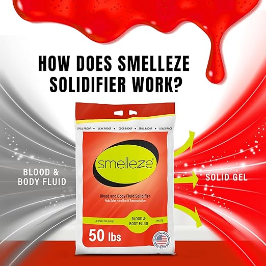 SMELLEZE Medical Waste Clean Up Super Absorbent Solidifier & Deodorizer: 50 lb. Granules Absorb Blood, Urine, Diarrhea, Vomit, Body Fluids & Other Water Based Bio Waste in Seconds