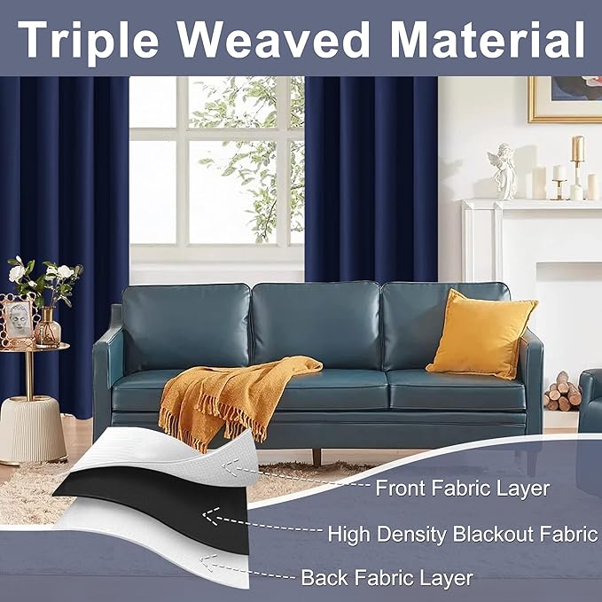 JIUZHEN Blackout Curtains for Bedroom– Thermal Insulated,Noise Reducing Room Darkening Privacy Drapes for Living Room, Set of 2 Panels with Tiebacks, 46 x 54 inch Long, Navy Blue