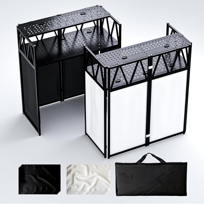 Portable DJ Booth Table,Foldable DJ Table Stand with White & Black Scrim,Adjustable D J Facade Station Metal Frame with Cable Hole for Private Events, Clubs, Bars (Upgrade)