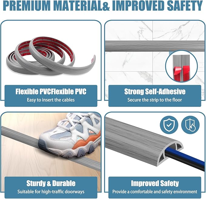Floor Cord Covers for Wires 20FT Cable Hider Wire Cover Self Adhesive Cord Hider Floor for Offices, Homes, Workshops, Warehouses Cable Cavity 0.39" W x 0.27" H
