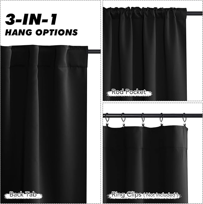 KGORGE Short Blackout Curtains 45 inch Length, Privacy Thermal Insulated Curtains Light Blocking Noise Reducing Window Drapes for Living Room Kitchen, W52 x L45 inches, Black, 2 Panels