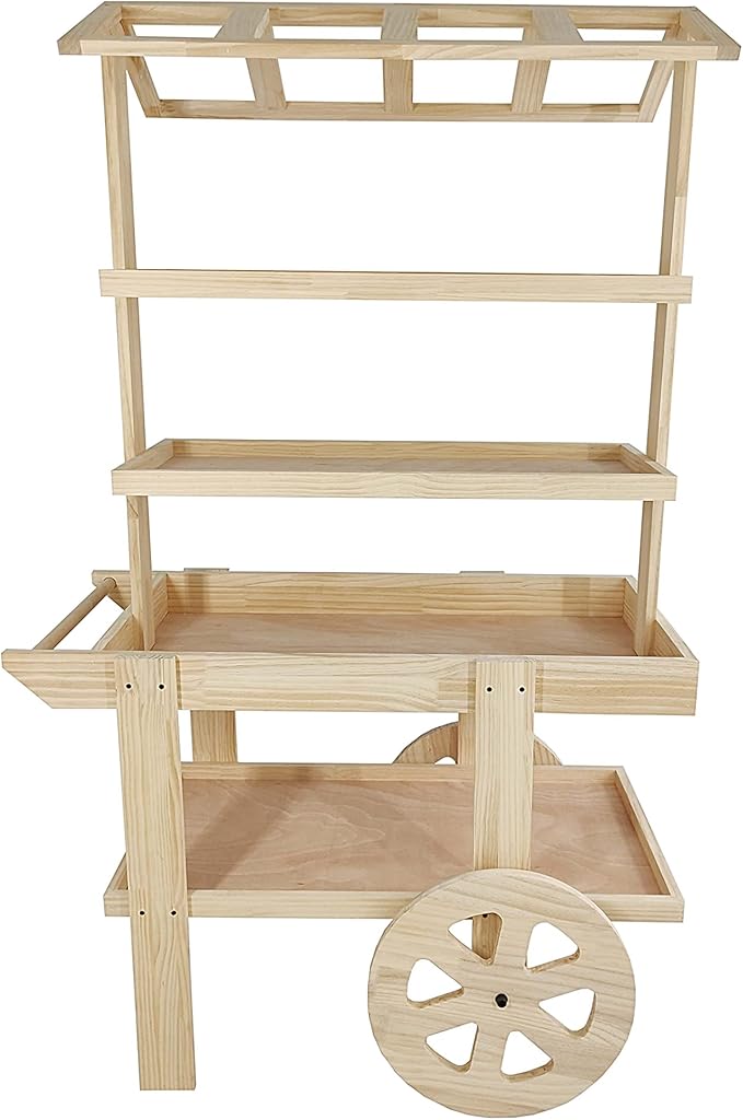 FixtureDisplays® Flower Cart Vending Cart Farmers Market County Fair Wagon Wood Stall Stand Rolling Shelf Retail Booth Kiosk 42.0" Long x 68" Tall x 25.0" Wide 19402