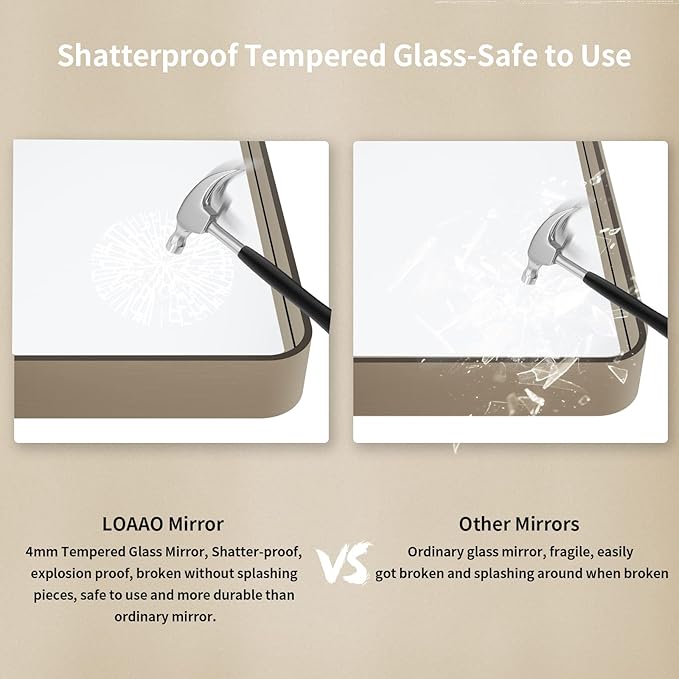 LOAAO 48”X30” Bronze Bathroom Mirrors for Vanity, Rounded Rectangle Brushed Bronze Metal Frame Mirror, Anti-Rust, Tempered Glass, Hangs Horizontally or Vertically