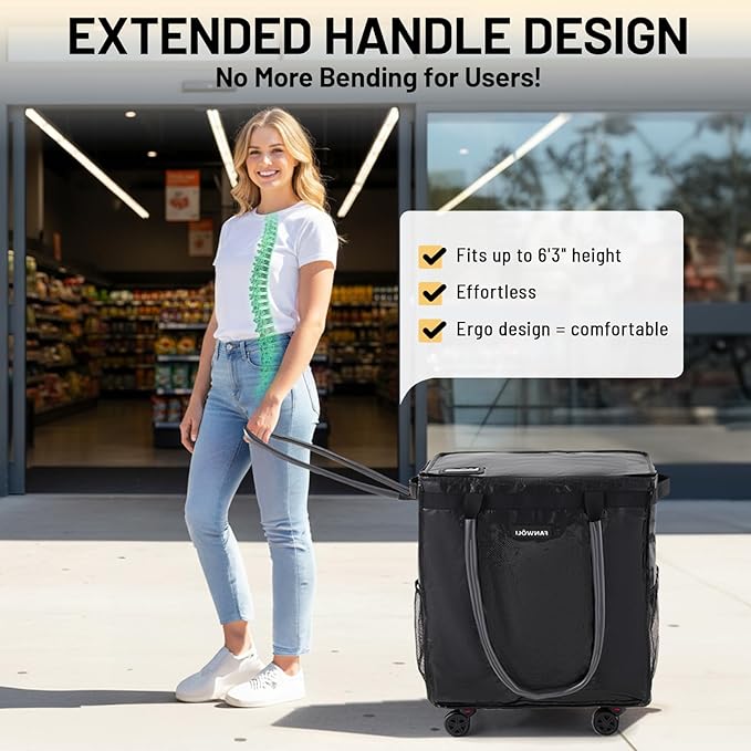(Large) Fanwoli Reusable Grocery Bag On Wheels with Removable Liner | Wrinkle-Resistant Fabric | Enhanced Stability Wheels & Extended Handle | Foldable Shopping Trolley for Laundry, Carries Up to 130L