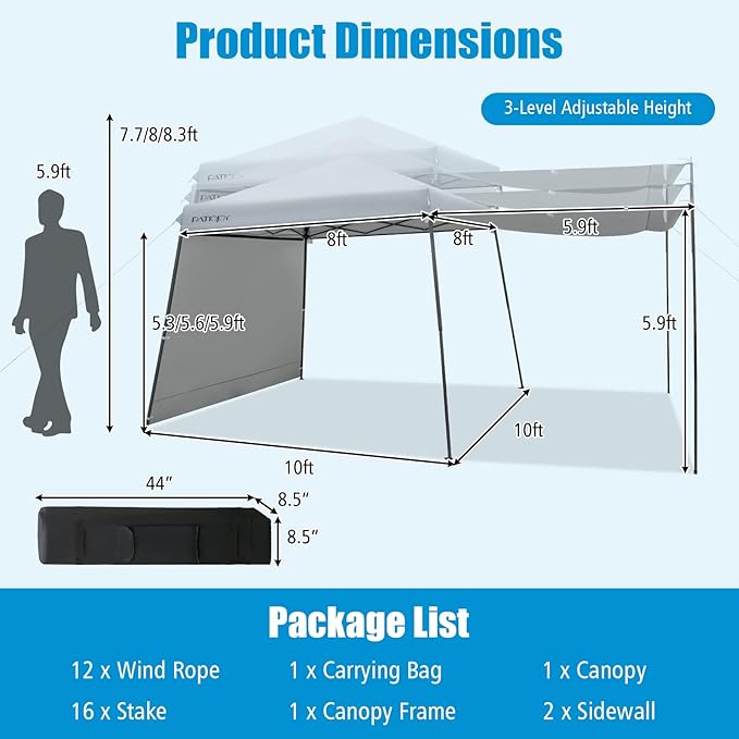 Tangkula 10x10 Ft Pop Up Canopy with Sidewalls, Portable Outdoor Tent with Center Lock, 16 Stakes, 12 Ropes, Roller Bag, UPF50+ Canopy Tent with Dual Awnings for Camping, Patio, Market