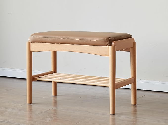 Solid Wood Shoe Bench Assembled, Shoe Rack Bench with Silicone Leather Cushion for Entryway, Living Room, Bedroom, Hallway, 11.8" x 23.6" x 16.5", Natural