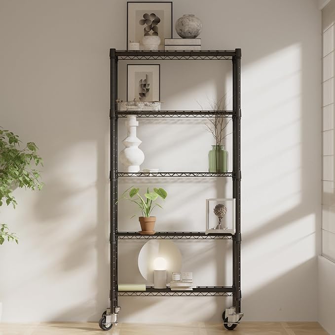 2 Pack 5-Tier Metal Wire Shelving Unit with Wheels & Feet, 14" D x 30" W x 60" H,750 lbs Capacity Adjustable Heavy Duty Steel Wire Rack Storage Shelves for Kitchen, Garage, Pantry