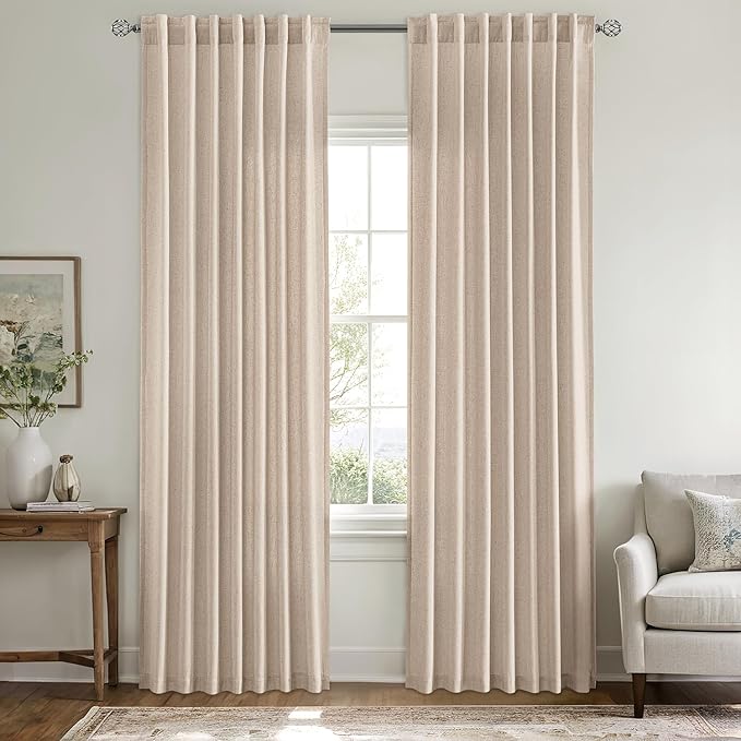 MIULEE Non-See-Through Privacy Linen Curtains 2 Panels, Light Filtering Window Curtains Farnhouse Textured Back Tab Semi Sheer Drapes for Bedroom Living Room, 52 x 84 Inches Long, Beige