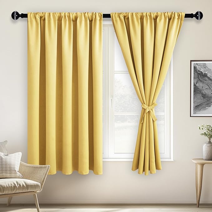 JIUZHEN Blackout Curtains for Bedroom - 60 Inch Extra Wide Thermal Insulated Light Blocking Privacy Soundproof Curtains for Living Room/Dorm Room, Set of 2 Panels, 60 x 63 inches,Light Yellow