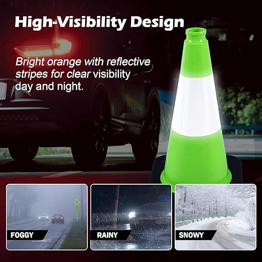 6 Pack 18 Inch Green Reflective Traffic Cones, Durable Black Base Safety Cones for Parking Lots, Sports Fields and Yard Markers (6, Green, 18 Inch)