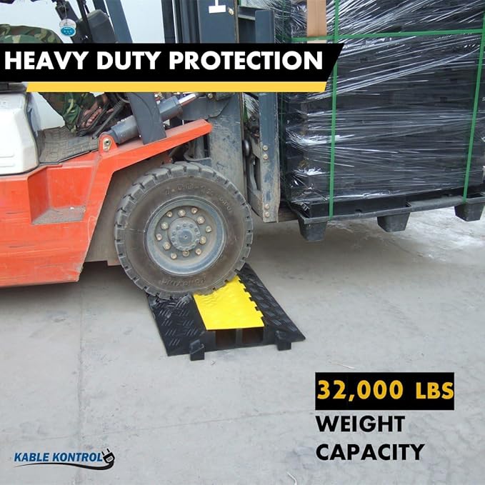 Kable Kontrol Atlas Heavy Duty Cable Protector Ramp - 2 Channel Bulk Wholesale Pallet - 10 Pcs - 35” Long Black & Yellow – 32000 Lbs Capacity - Rubber Speed Bump Wire Protector Cord Cover – CP9985