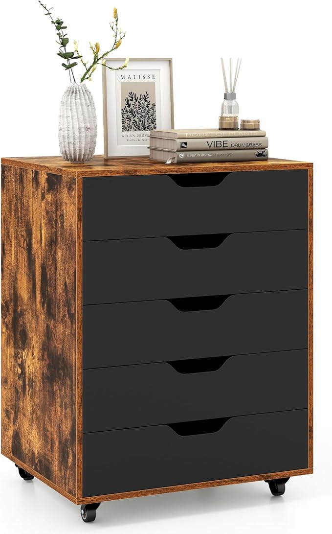LOKO 5-Drawer Storage Cabinet, Versatile Drawer of Chest with Lockable Wheels, Mobile Office Lateral File Cabinet, for Home Office, Study (Rustic Brown + Black, 16" D x 19.5" W x 25.5" H)