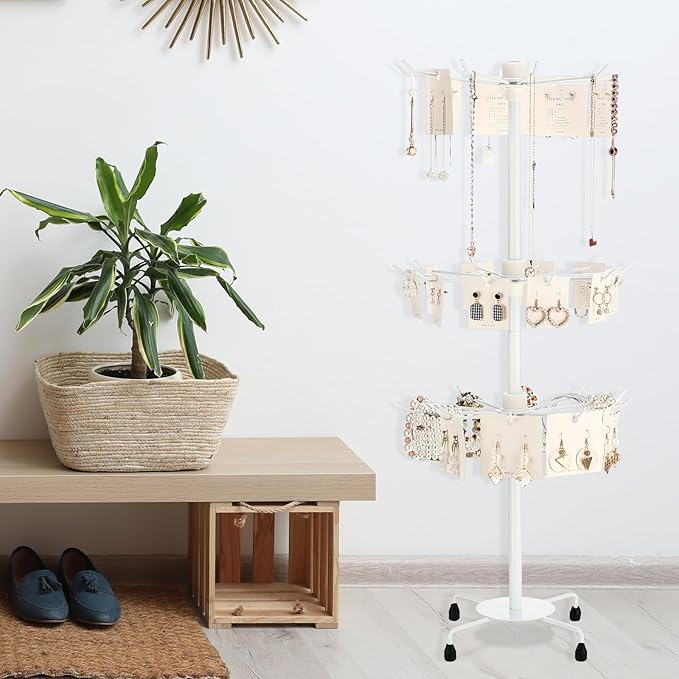 4 Pcs Spinning Jewelry Display Stand 3 Tier Rotating Keychain Earring Retail Rack Adjustable Fashion Counter Jewelry Tree Display Holder Organizer for Women Men (White)