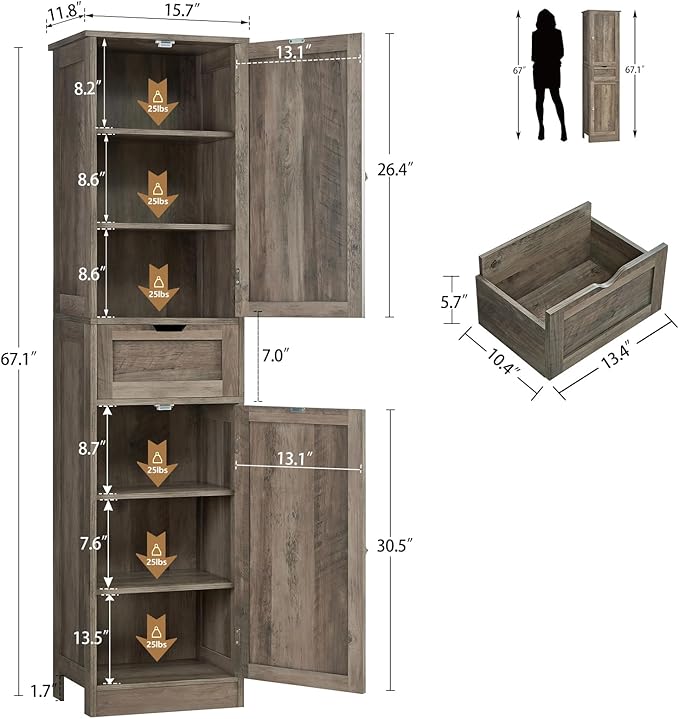 Iwell 67" Tall Storage Cabinet, Narrow Storage Cabinet with Drawer & Adjustable Shelves, Bathroom Cabinet, Floor Cabinet for Living Room, Home Office, Rustic Oak