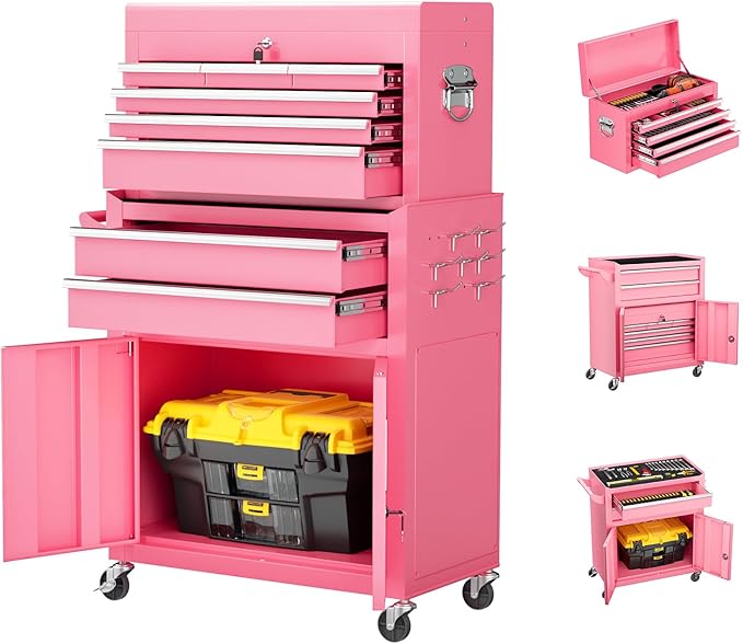 8-Drawer Rolling Tool Chest with Lock, Detachable Tool Cabinet Cart with Wheels, High-Capacity Mechanic Tool Organizer for Garage Workshop Warehouse Storage(Pink)