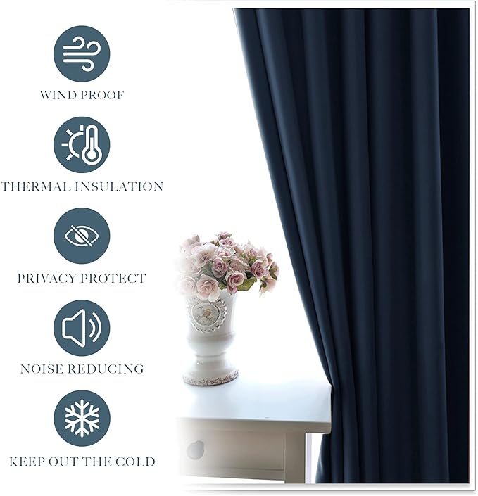 PONY DANCE Curtains Light Block - Thermal Insulated Rod Pocket Draperies Energy Saving/Short Window Covering for Bedroom Bay Windows, 52 Wide by 63 inch Drop, Navy Blue, 2 Panels