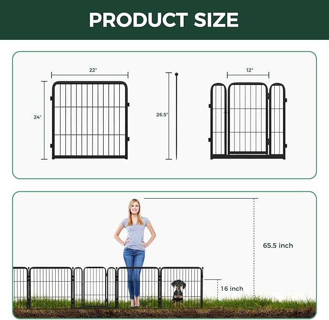 FXW Garden Fence Outdoor for The Yard – 24in(H) x 22.8ft(L) Heavy Duty Metal Animal Barrier for Dog and Rabbit, Decorative Dog Fence, 12 Panels, Black