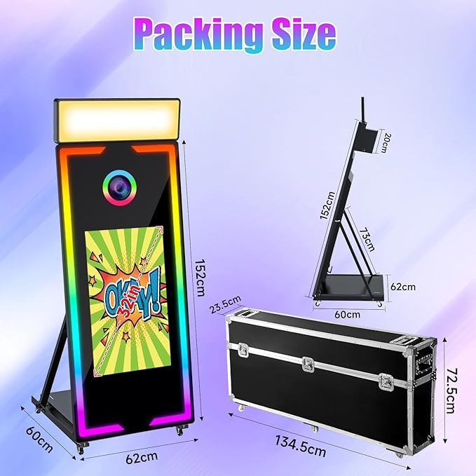 Magic Mirror Photo Booth 65" with 32" Touch Screen Selfie Mirror Photo Booth Machine with Flight Case Remote Control Ring Light for Event Rental Wedding Party (65-32in White)
