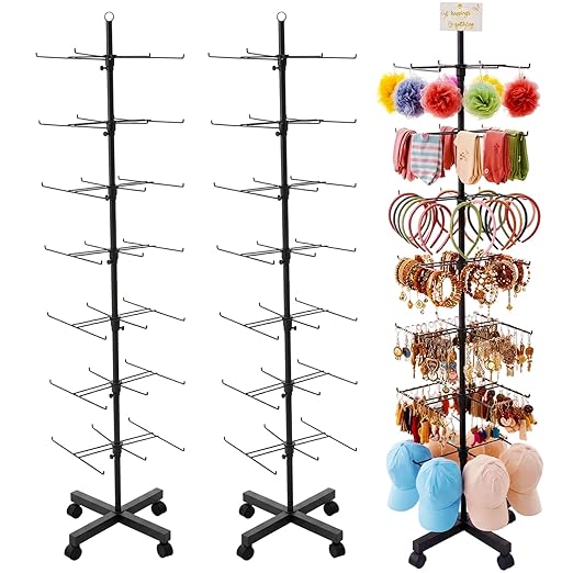 Ripeng 2 Pcs 7‑Tier Retail Display Stand – Rotating Display Rack with Wheels for Jewelry Keychains Socks Hats – Adjustable Movable Shop Spinner for Craft Shows Vendor Events & Stores Accessories,Black