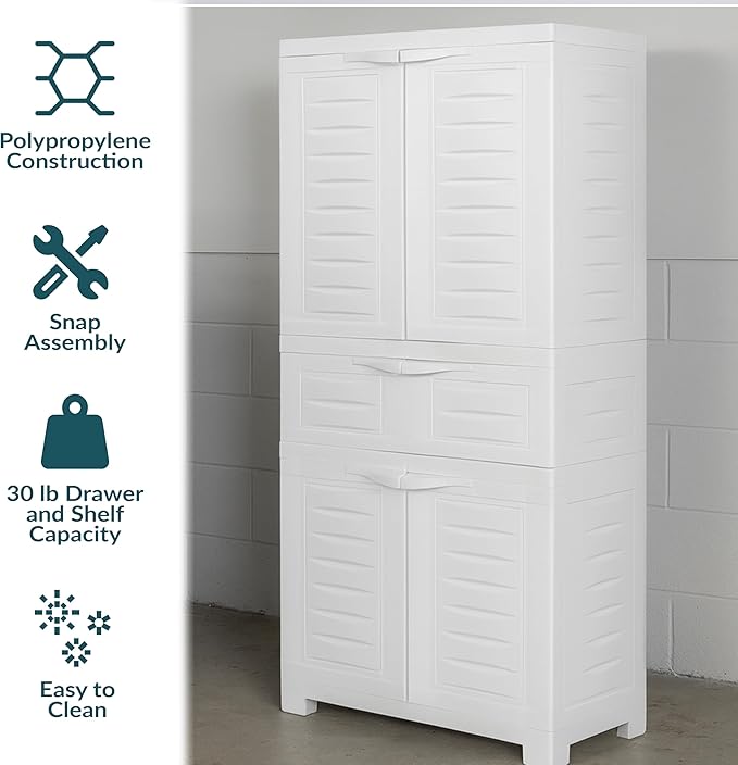 Sunnydaze Plastic Garage Storage Cabinet with 2 Adjustable Shelves - 57" H - Garage, Office, Home, Laundry Room - Speckled White