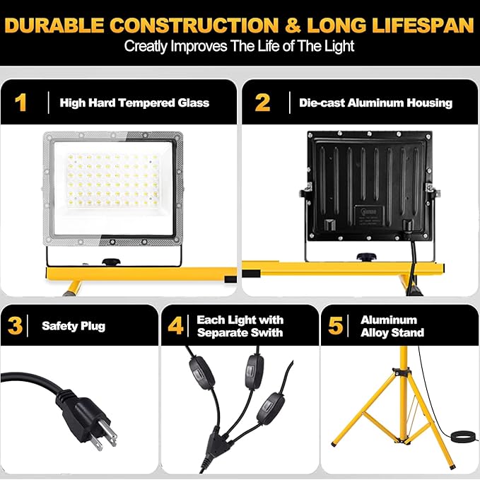 27000 Lumen LED Work Light with Stand, 3-Head Adjustable Tripod Lights with 16.5FT Extended Cord, IP65 Waterproof Work Lamp for Indoor & Outdoor Job Sites, Workshops, Construction, Garage Lighting