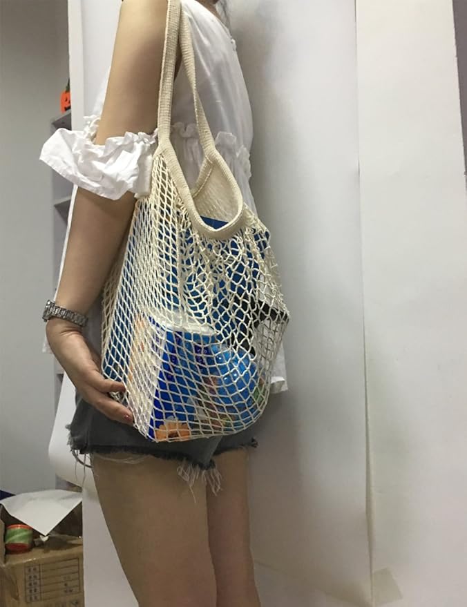 2Pcs Portable Reusable Mesh Cotton Net String Bag Organizer Shopping Tote Handbag Fruit Storage Shopper NEW (green,pingk)
