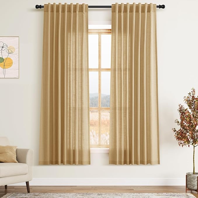 Gold Yellow Linen Curtains for Living Room 63 Inches Long 2 Panel Set Light Filtering Linen Drapes for Kitchen Windows Rod Pocket Back Tab Short See Through Curtain Country Farmhouse Decor 52x63