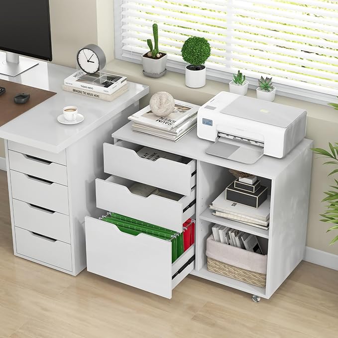 LOKO 3-Drawer File Cabinet, Mobile Printer Stand Cabinet with Adjustable Shelf, Rolling Lateral Filing Cabinet with Wheels for Letter, A4, Legal Size, for Home Office Organization (White)