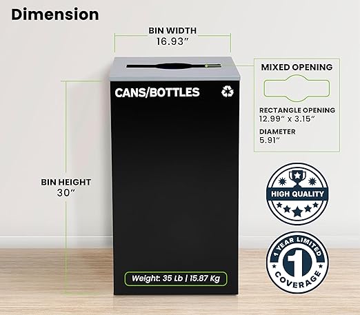 Alpine Industries 29 Gallon Commercial Indoor Recycle Bin, Modern Black Metal Container with Optional Lids