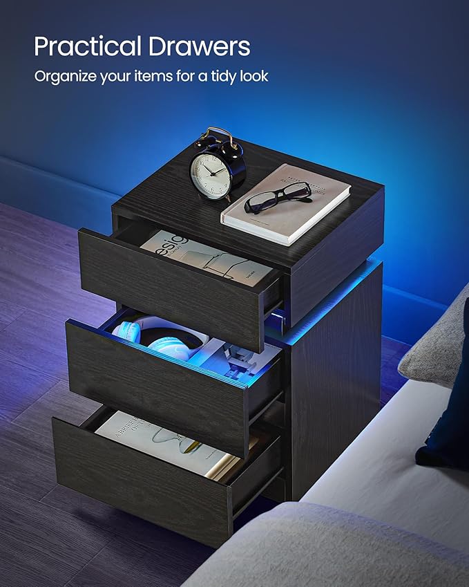VASAGLE Nightstand with LED Lights, Adjustable Light Colors, Bedside Table, Side Table with 3 Drawers, Modern Style, 13.8 x 15.7 x 21.7 Inches, Ebony Black LET630T58