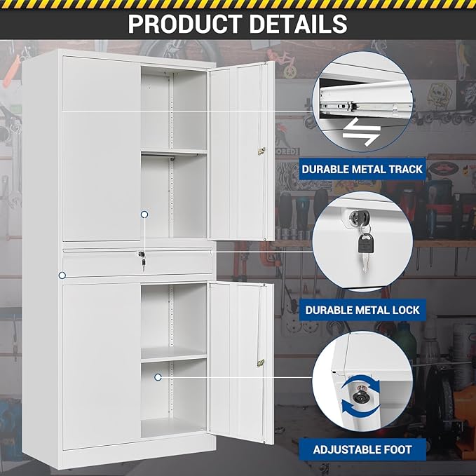 71" Metal Cabinet-White Heavy Duty Storage File Cabinet Steel Tool Cabinets with Shelves, Lockable Doors and Drawers- for Garage, Pantry, Warehouse - Assembly Required