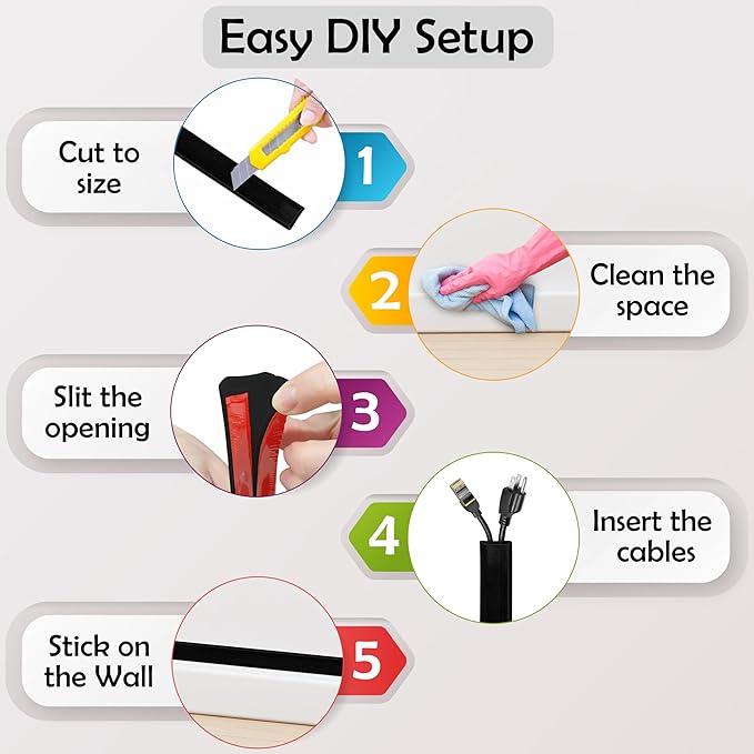 Rubber Bond TV Cord Hider Cable Protector - Strong Self Adhesive Wall Cord Cover Cable Hider - Low Profile Cable Management Wall Cord Concealer Cable Raceway (Black, 10 Feet)