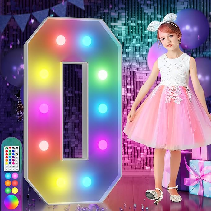 imprsv 4FT Colorful Marquee Numbers,18 Colors with Remote, Light Up Numbers 0 for 40th 50th Birthday Decorations Anniversary Party Decor, Pre-Cut Foam Board Kit, Mosaic Sign for Balloon