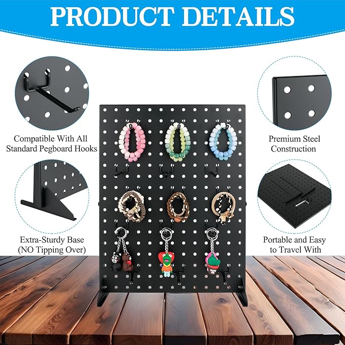 Metal Pegboard Display Stand with 15 Peg Hooks, Tabletop Pegboard Shelf for Craft Shows & Fairs, Retail Stores, Vendors Arts and Crafts Finishing - 17x13 Inch & Black