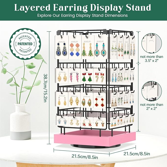 EsLuker.ly Rotating Earring Display Holder Stand for Vendors Events Selling, Large Capacity 64 Hooks Jewelry Rack with Wooden Base for Earring Card Sales, Enhances Retail Display Visibility(Pink)
