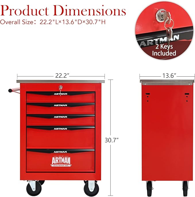 5 Drawer Rolling Tool Chest with Locker, 22.2" D Metal Movable Lockable Tool Cart Box Multi-Functional Hardware Storage Cabinet Box for Warehouse Basement Home Pantry Garage
