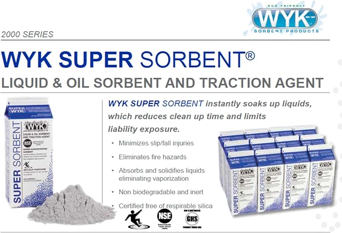 WYK Super Sorbent 2000 Series – Industrial Liquid & Oil Absorbent and Traction Agent for Spills, Leaks & Safety Maintenance – Fast-Acting Multi-Purpose Spill Absorber – BLUE Super Sorbent - Pack of 12